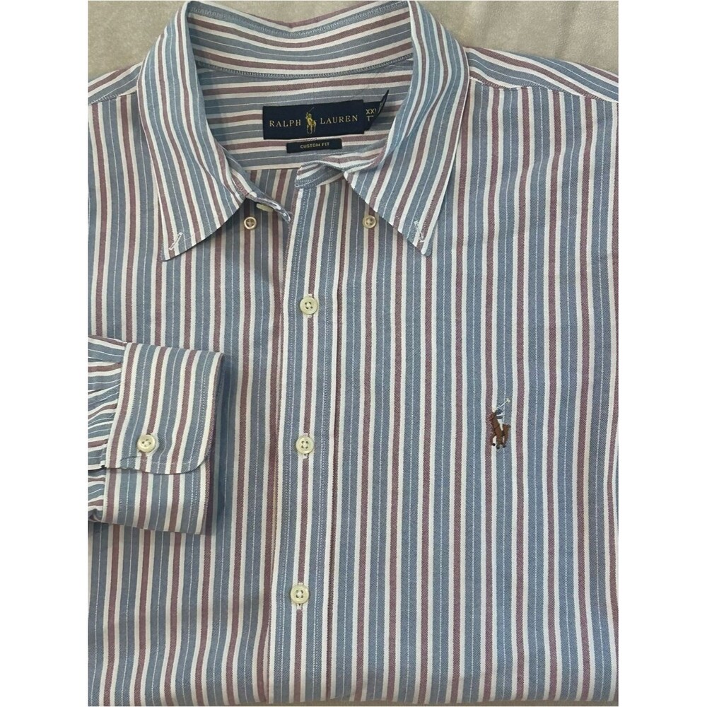 Ralph Lauren Custom Fit XXL Striped Button Down Shirt Cotton Blue Red White